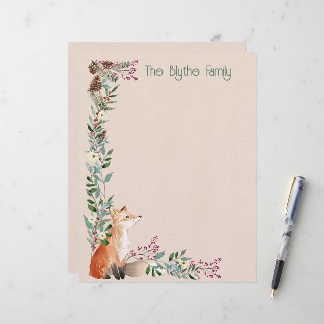Foxy Forest Christmas 8.5" x 11" Stationery (Front/Back In Situ)