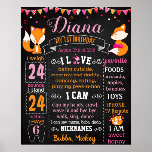 Foxy Fox First birthday party chalkboard sign