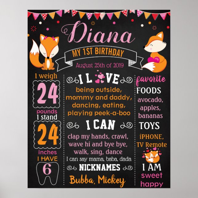 Foxy Fox First birthday party chalkboard sign (Front)