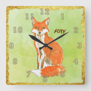 Foxy Ginger Fox Watercolor Square Wall Clock