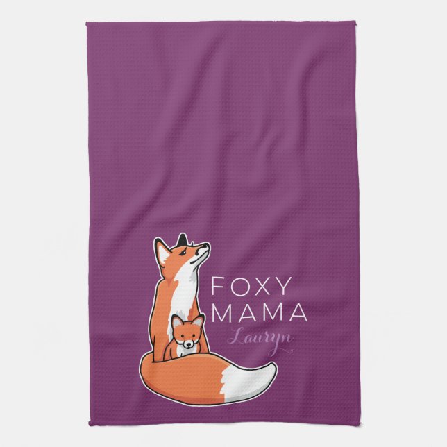 Foxy Mama Red Fox with Pup, Personalized Kitchen Towel (Vertical)
