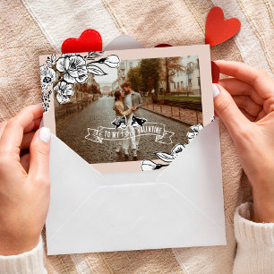 Foxy Valentine Cartoon Fox Sketched Florals Photo Holiday Card