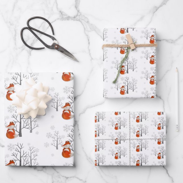 Foxy Winter Forest Wrapping Paper Sheet (Front)