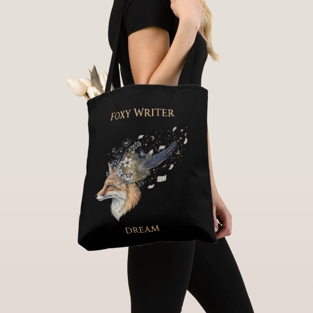 Foxy Writer Celestial Dream | Whimsical Fox & Quil Tote Bag (Close Up)
