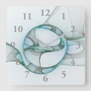 Fractal Art Blue Turquoise Grey Abstract Elegance Square Wall Clock