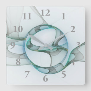 Fractal Art Blue Turquoise Grey Abstract Elegance Square Wall Clock