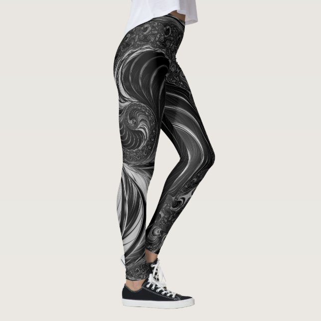Fractal Black White Metal Nautilus Swirl Leggings (Right)