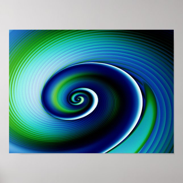 Fractal Blue Green Spiral Abstract Art Poster (Front)