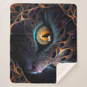 Fractal Cat Face in Black and Vibrant Colours Sherpa Blanket