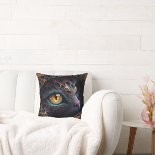 Fractal Cat Face in Black and Vibrant Colours Throw Pillow