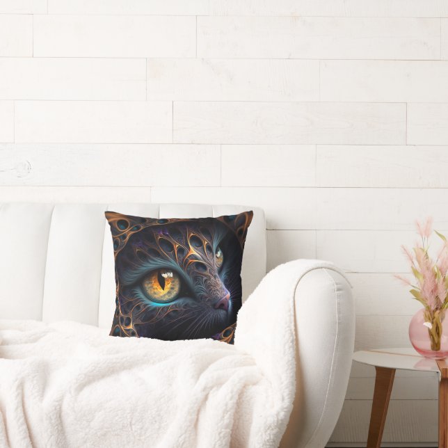 Fractal Cat Face in Black and Vibrant Colours Throw Pillow (Couch)