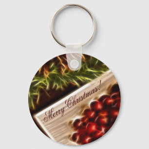 Fractal Cranberry Christmas with Customizable Text Keychain