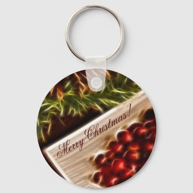 Fractal Cranberry Christmas with Customizable Text Keychain (Front)