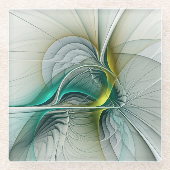 Fractal Evolution, Golden Turquoise Abstract Art Glass Coaster (Front)