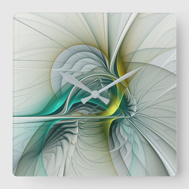 Fractal Evolution, Golden Turquoise Abstract Art Square Wall Clock (Front)