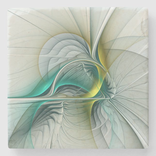 Fractal Evolution, Golden Turquoise Abstract Art Stone Coaster (Front)