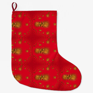 fractal golden stars,red background large christmas stocking