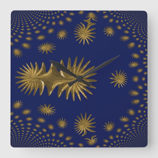 Fractal golden stars square wall clock (Front)