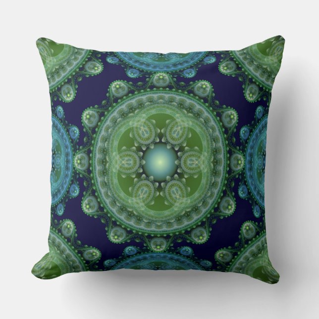 Fractal green blue oriental decoration throw pillow (Front)