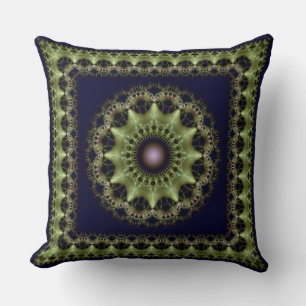 Fractal green brilliant framed mandala throw pillow