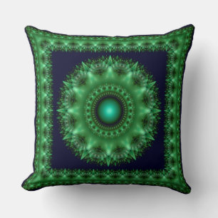 Fractal green brilliant framed mandala throw pillow