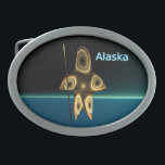 Fractal Inuit Hunter Oval Belt Buckle<br><div class="desc">A brown-toned fractal image suggesting a highly-stylized Inuit hunter,  wearing traditional fur clothing,  holding a harpoon with an ivory head. The image is superimposed on a background depicting the dark polar winter.  Text reading "Alaska" appears in glowing blue and white.</div>