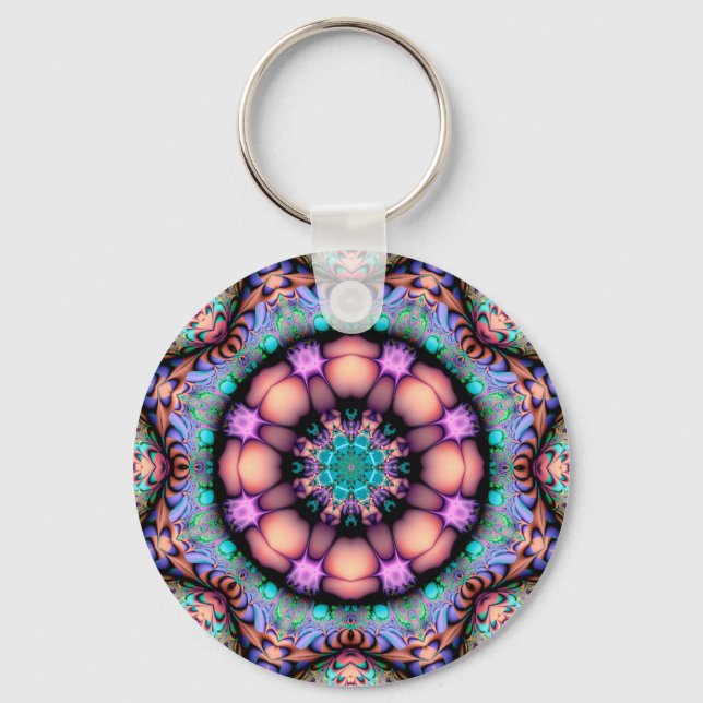 Fractal Mandala Floral Psychedelic Art Keychain (Front)
