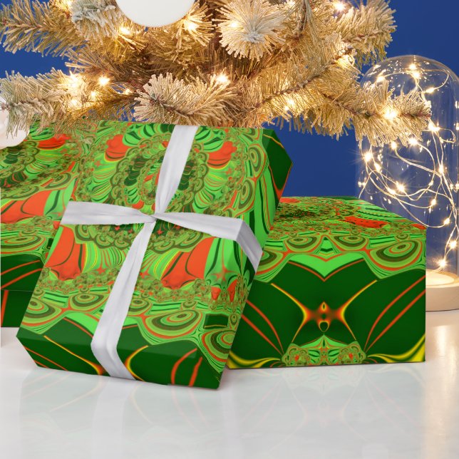~ Fractal Pattern Green Red Yellow ~ Wrapping Paper (Holidays)