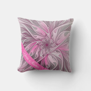 Fractal Pink Flower Dream, floral Fantasy Art Name Throw Pillow