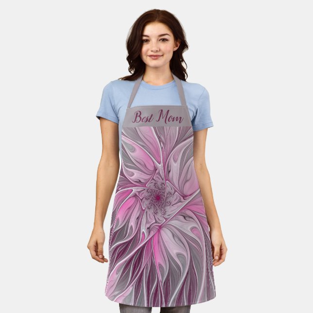 Fractal Pink Flower Dream, Floral Fantasy Best Mom Apron (Worn)