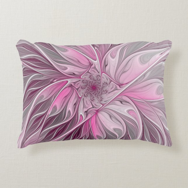 Fractal Pink Flower Dream, Floral Fantasy Pattern Accent Pillow (Front)