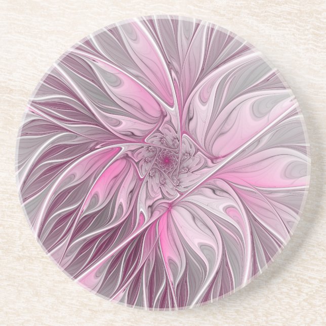 Fractal Pink Flower Dream, Floral Fantasy Pattern Coaster (Front)
