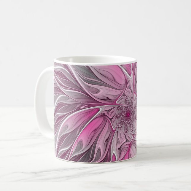Fractal Pink Flower Dream, Floral Fantasy Pattern Coffee Mug (Front Left)