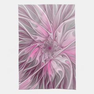 Fractal Pink Flower Dream, Floral Fantasy Pattern Kitchen Towel