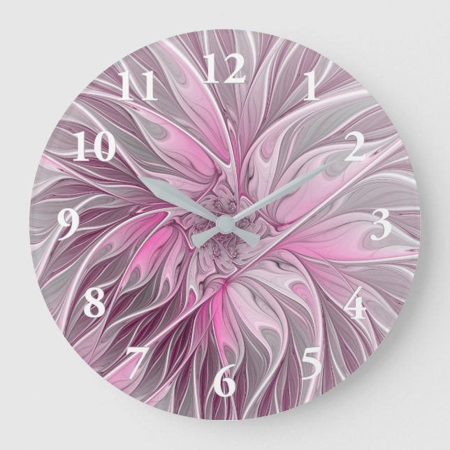 Fractal Pink Flower Dream, floral Fantasy Pattern Large Clock (Front)