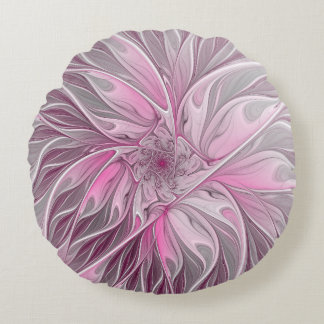 Fractal Pink Flower Dream, Floral Fantasy Pattern Round Pillow