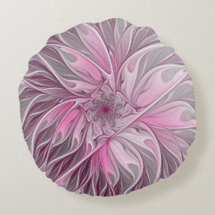 Fractal Pink Flower Dream, floral Fantasy Pattern Round Pillow
