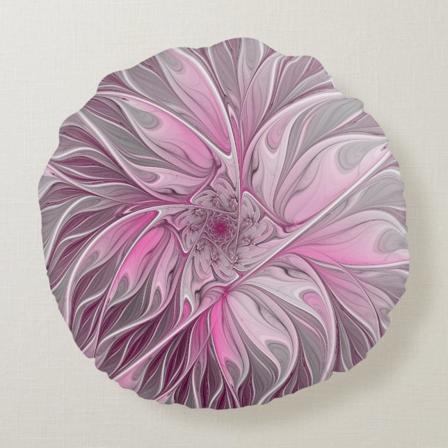 Fractal Pink Flower Dream, floral Fantasy Pattern Round Pillow (Back)