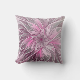 Fractal Pink Flower Dream, floral Fantasy Pattern Throw Pillow