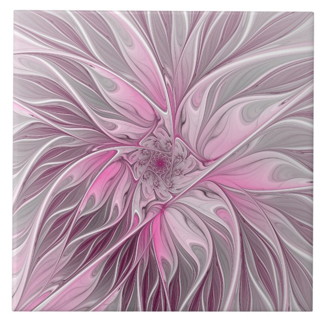 Fractal Pink Flower Dream, Floral Fantasy Pattern Tile (Front)
