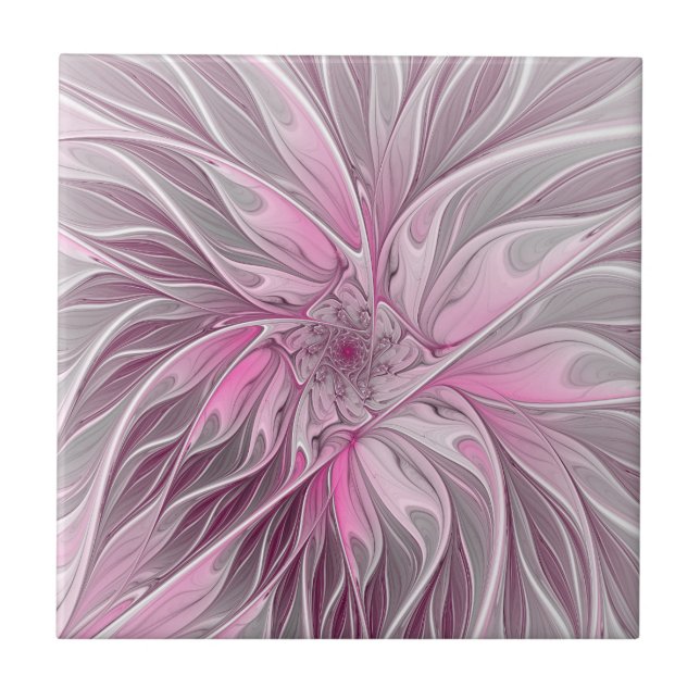 Fractal Pink Flower Dream, Floral Fantasy Pattern Tile (Front)