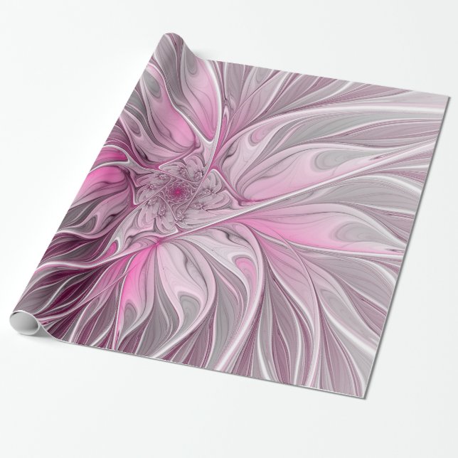 Fractal Pink Flower Dream, floral Fantasy Pattern Wrapping Paper (Unrolled)