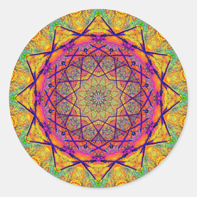 Fractal Star-shaped Mandala | Colourful Psychedeli Classic Round Sticker (Front)