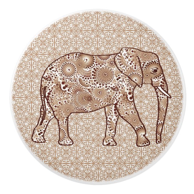Fractal Swirl Elephant, Brown and Taupe Ceramic Knob (Front)