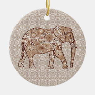 Fractal swirl elephant - brown and taupe ceramic ornament