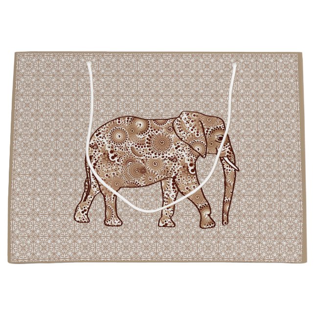 Fractal swirl elephant - brown and taupe large gift bag (Front)