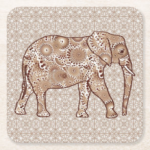 Fractal swirl elephant - brown and taupe square paper coaster