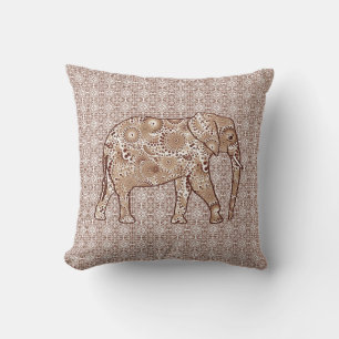 Fractal swirl elephant - brown and taupe throw pillow