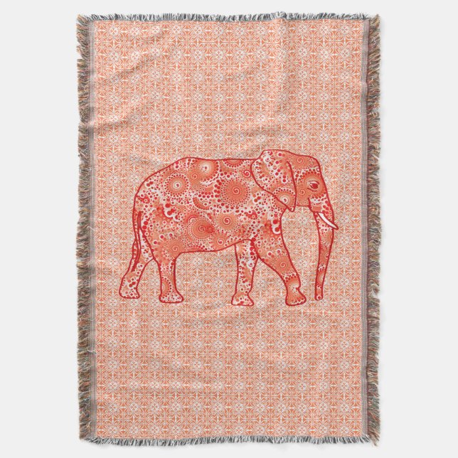 Fractal swirl elephant, coral orange and peach throw blanket (Front Vertical)