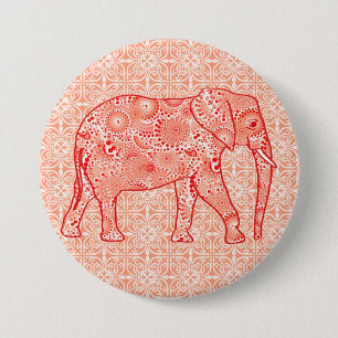 Fractal swirl elephant - coral orange and white 3 inch round button